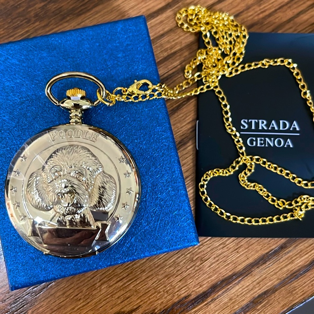 Brand new Poodle POCKET WATCH in Goldtone with 31” Chain